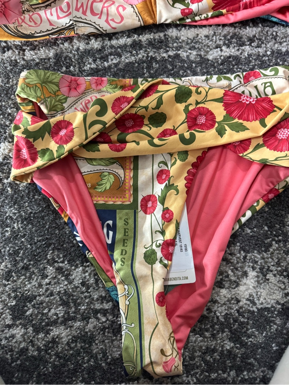 Agua Bendita Yellow Floral Bikini Bottoms with Pink & Green Accents XL